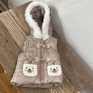 Little Lass Taupe Hooded Puffer Vest with Faux Fur Trim